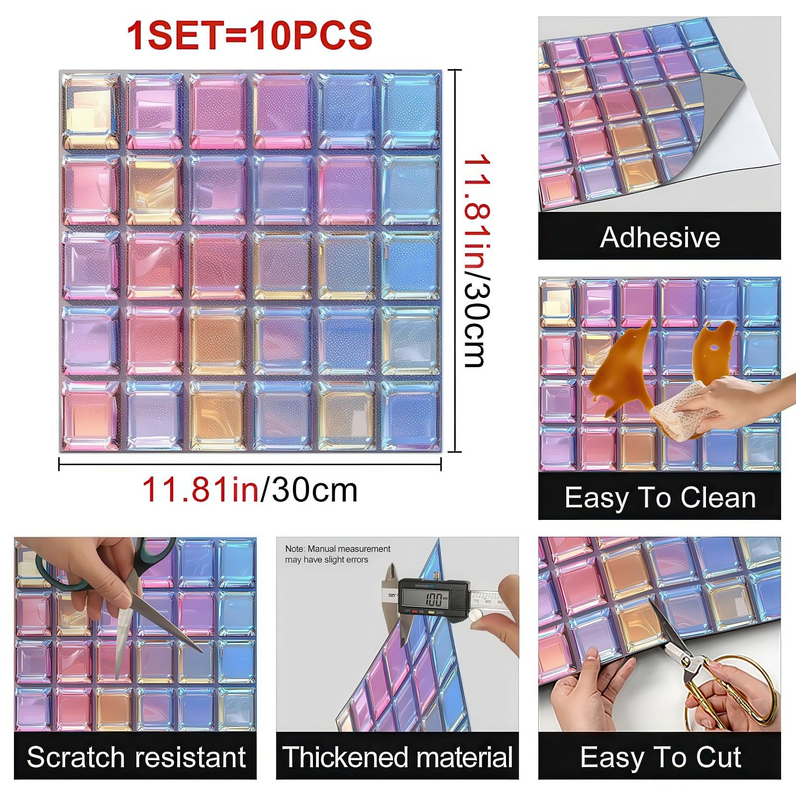 10PCS 12×12 Inch Iridescent Pink Blue Gem Look Floor Tiles Peel and Stick Rem…