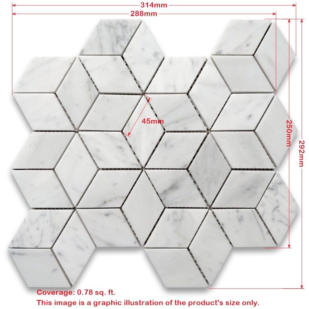 C34K7XH Carrara White Gray Marble 3D Cube Illusion Rhombus Geometry Tile Honed