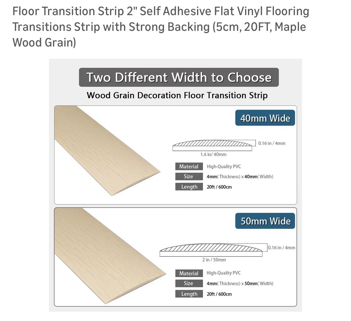Floor Transition Strip 2” Self Adhesive Flat Vinyl . 5cm, 20Ft. Maple Wood Grain