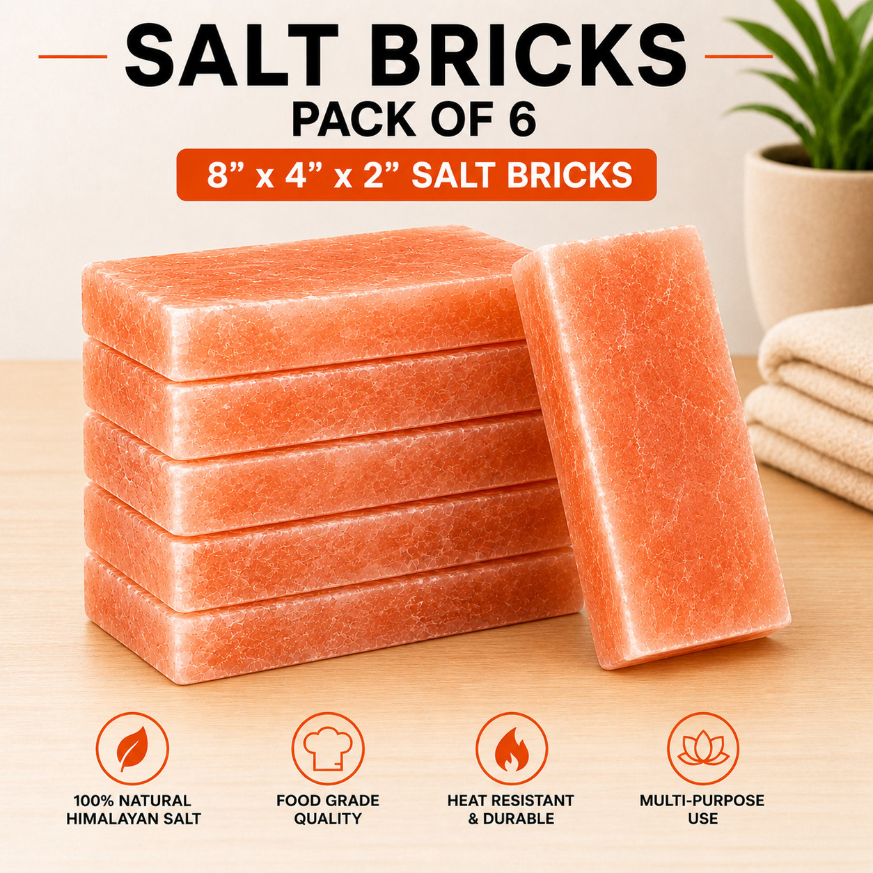 Himalayan Salt Bricks Pack of 6 8x4x2 Pink Salt Wall Blocks Spa Sauna Home Decor