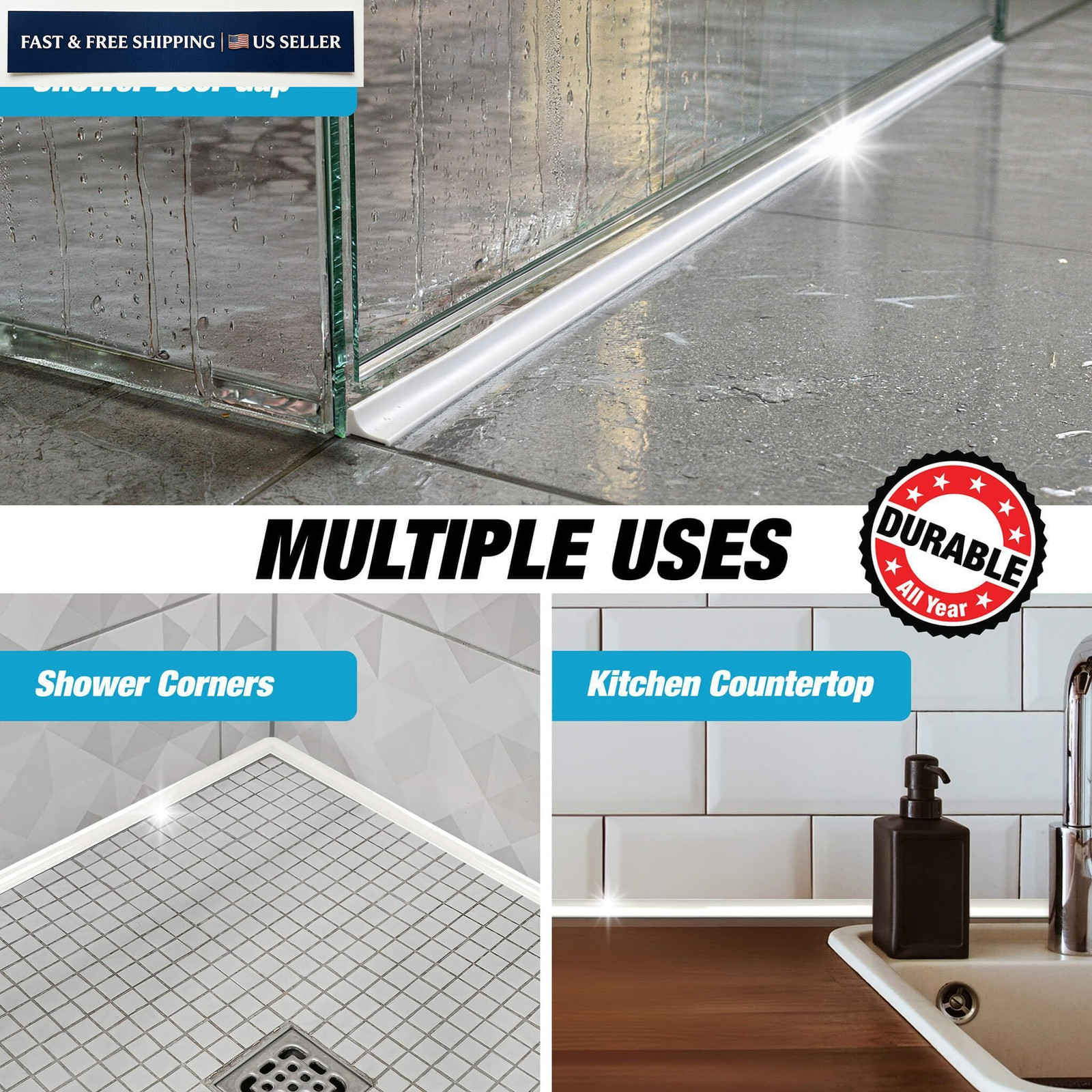 Shower Threshold Water Dam Barrier 39″ – White Collapsible Walk in 39,