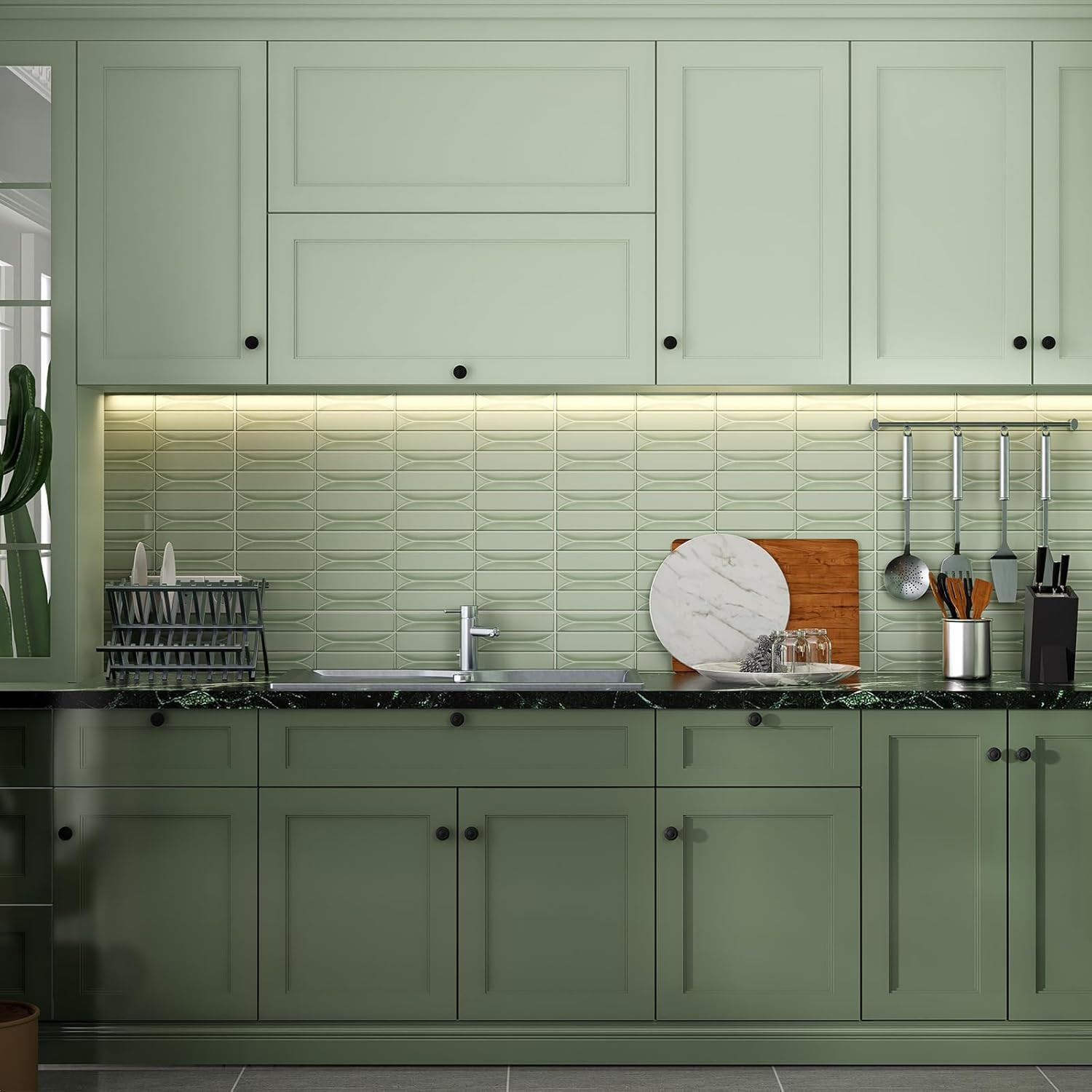 Self-Adhesive Light Green Peel and Stick Backsplash Tiles for Kitchen & Bath