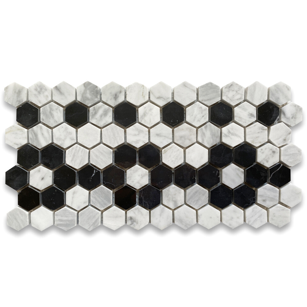 C31B2XP Carrara White Marble Hexagon Mosaic Border Flower Tile Polished 1″