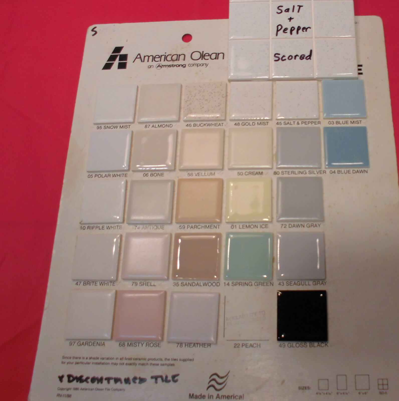 1 pc. Glossy Ceramic Tile: Salt & Pepper, American Olean 4-1/4″ Scored in 9ths