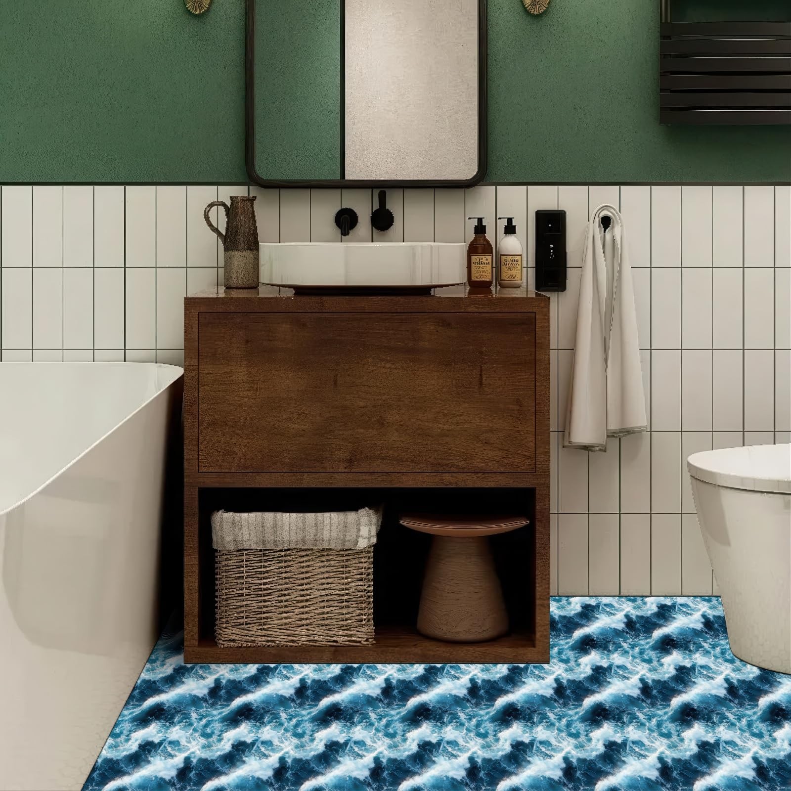 10PCS 12×12 Inch Ocean Wave Look Peel and Stick Floor Tiles PVC Flat Self Adh…