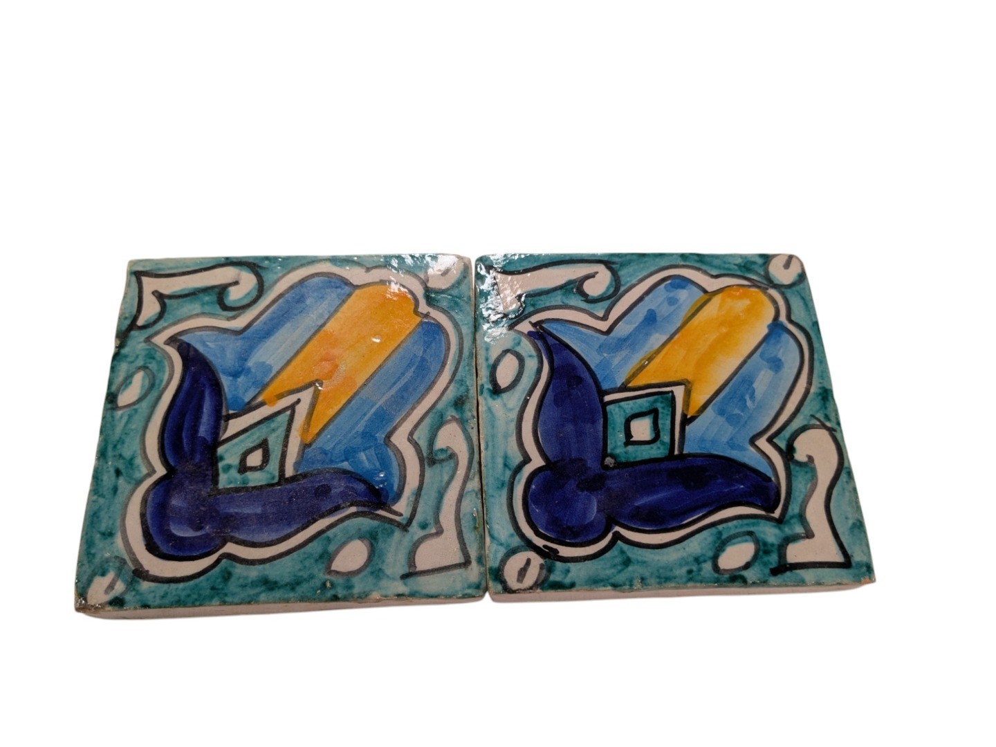 2x Moroccan Zellige Mosaic Tiles Pair Hamsa Design B 10cm/4 Inch