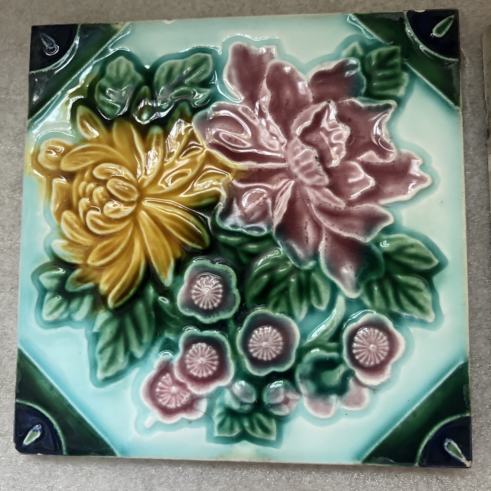 Set of 2 Antique Japanese Majolica Tiles Danto Kaisha DK Peony Chrysanthemum 6×6