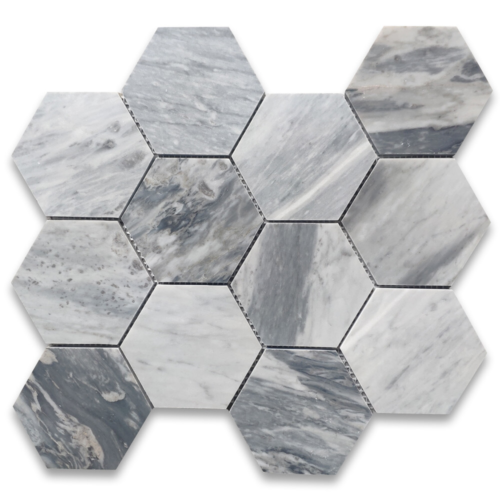 K34XH 4″ Hexagon Italian Bardiglio Gray Dark Grey Marble Mosaic Tile Honed