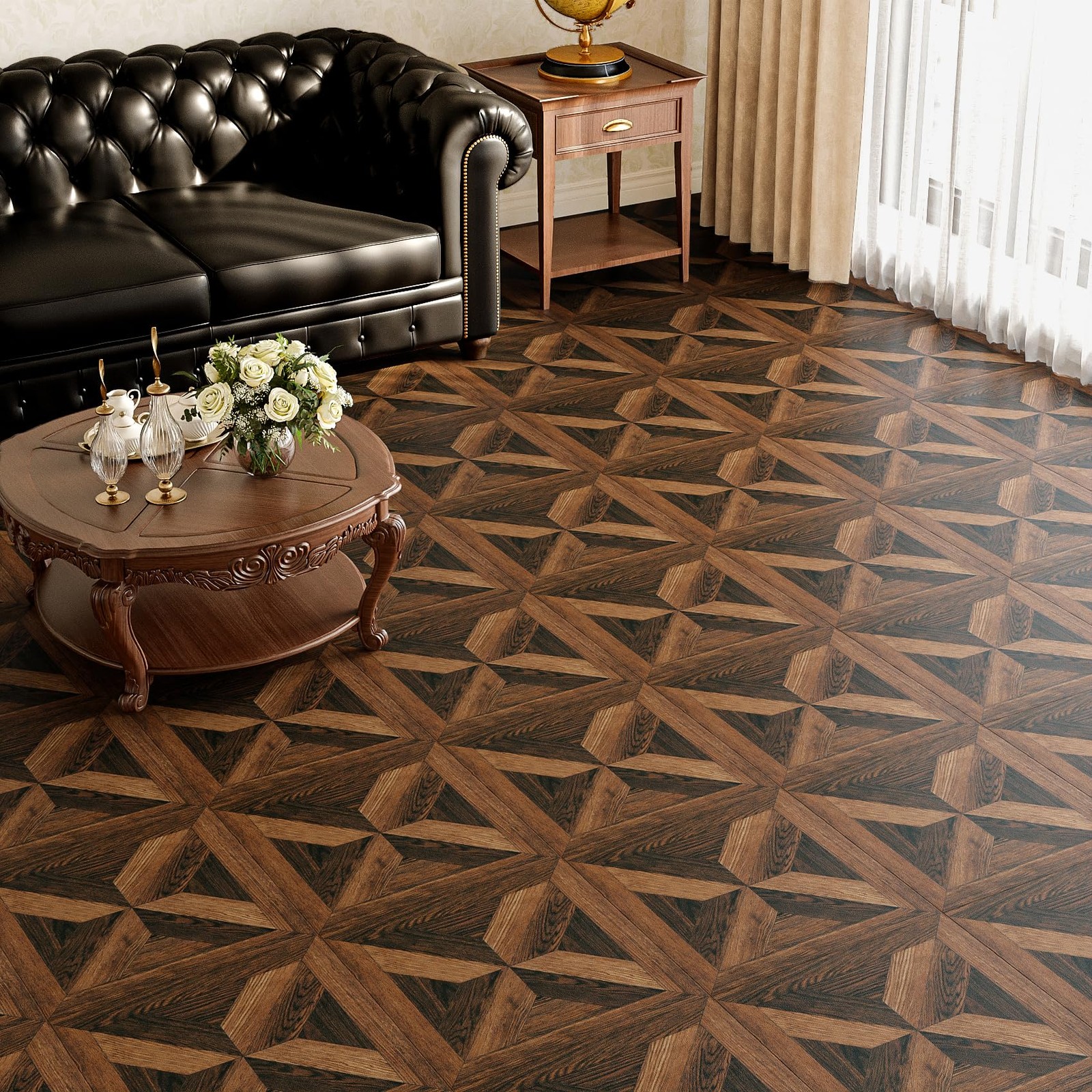 Brown Wood Look Peel and Stick Vinyl Flooring Roll Geometric Parquet Floor Co…