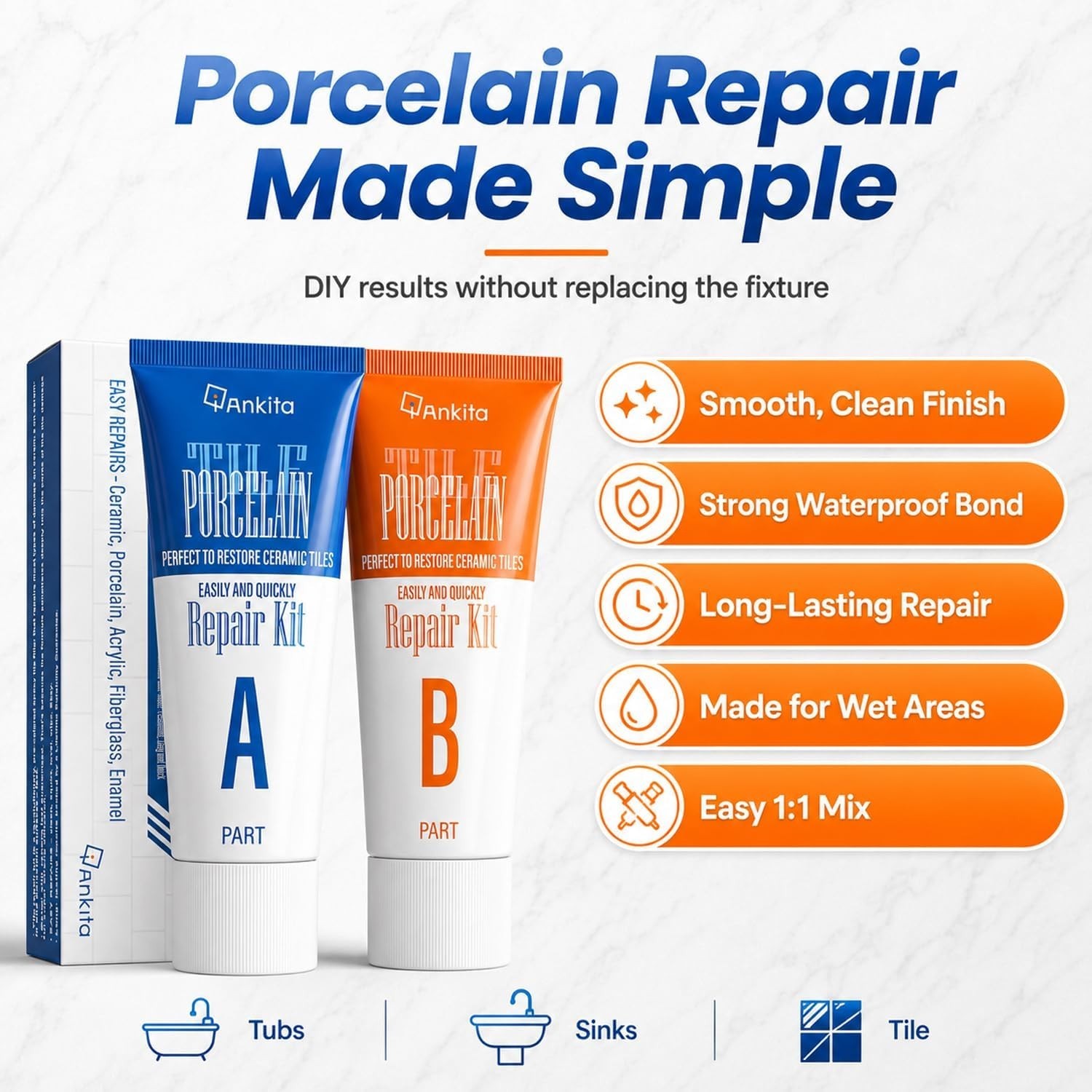 Tile Repair Kit (Pure White), Ceramic & Porcelain Tile Chip Repair Kit with Supe