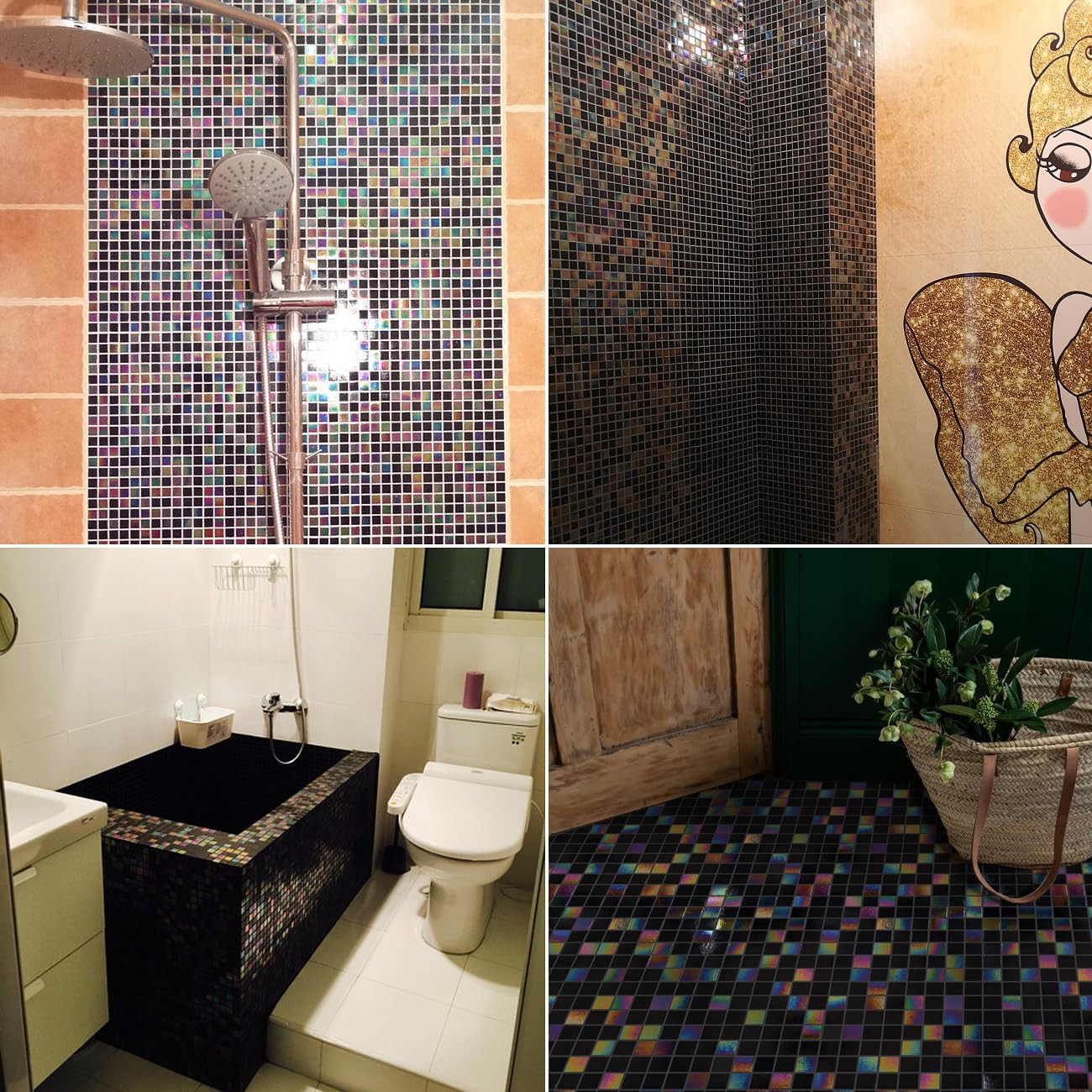 11.5Sqft Iridescent Black Mosaic Tiles for Bathroom Floor and Wall, Kitchen Back