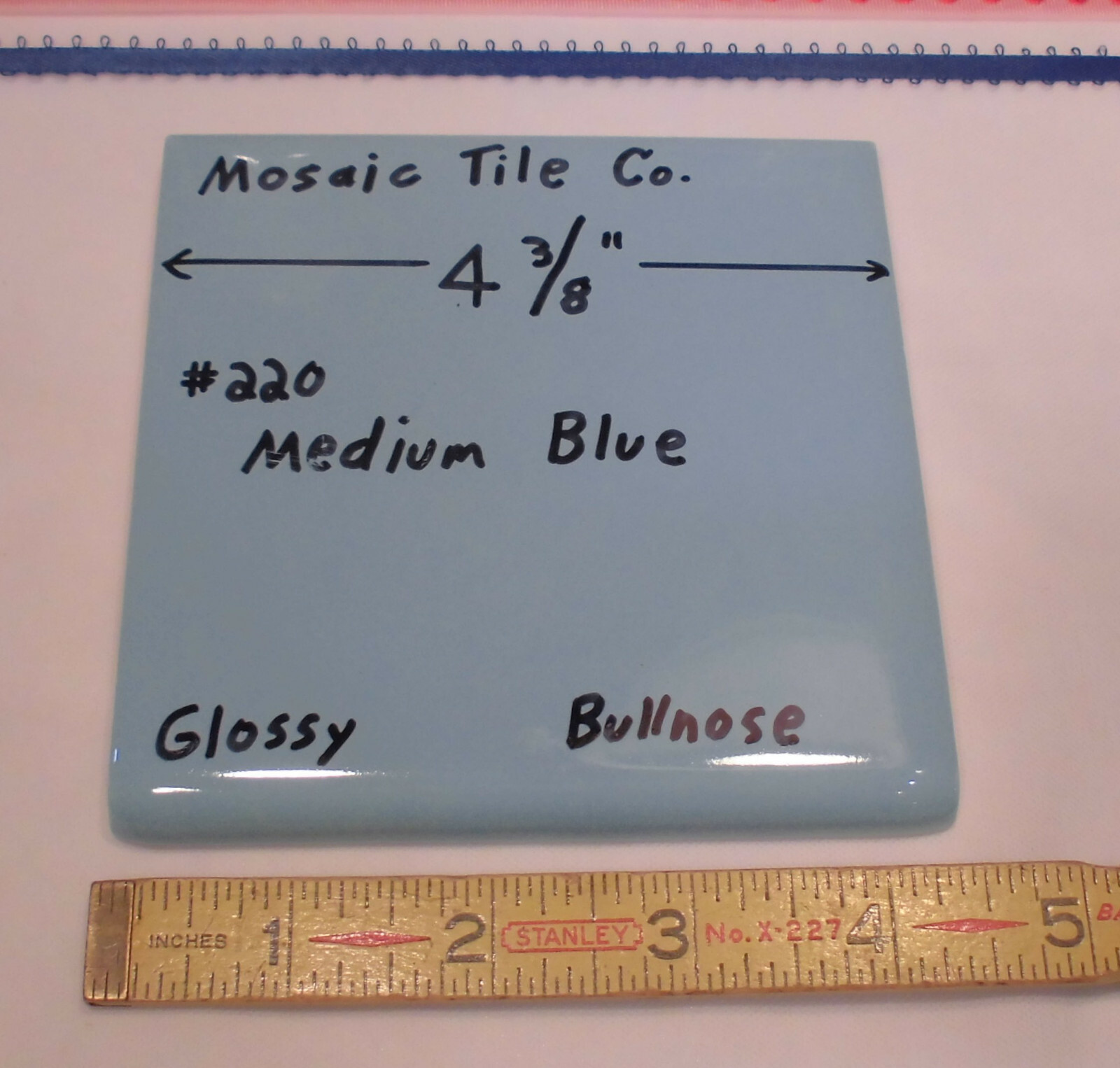 1 pc. Bullnose Ceramic Tile *Glossy Medium Blue* 4-3/8″ by Mosaic Co. NOS