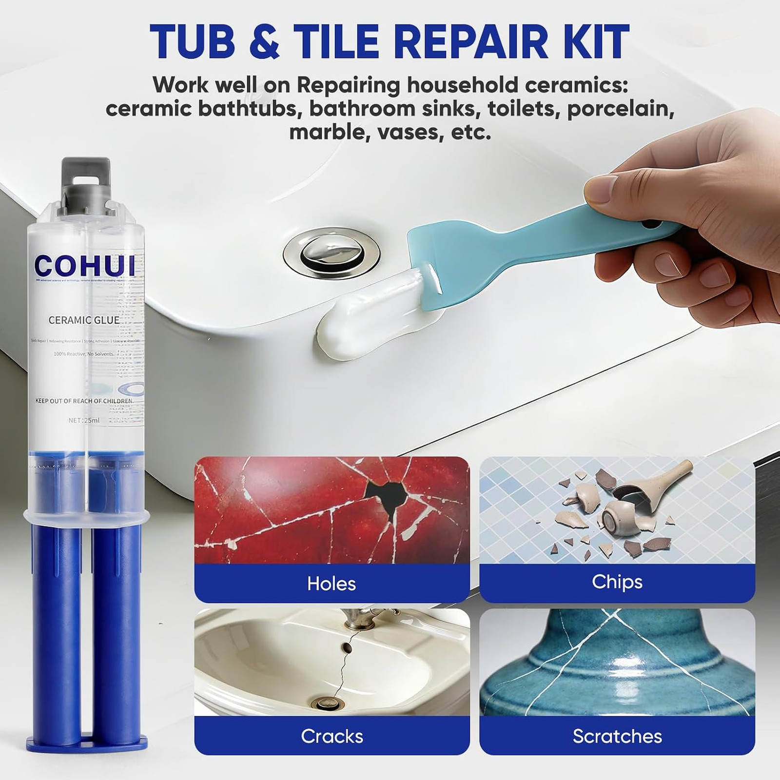 Fiberglass Tub and Shower Repair Kit White High Gloss Ceramic Tile Crack Chip