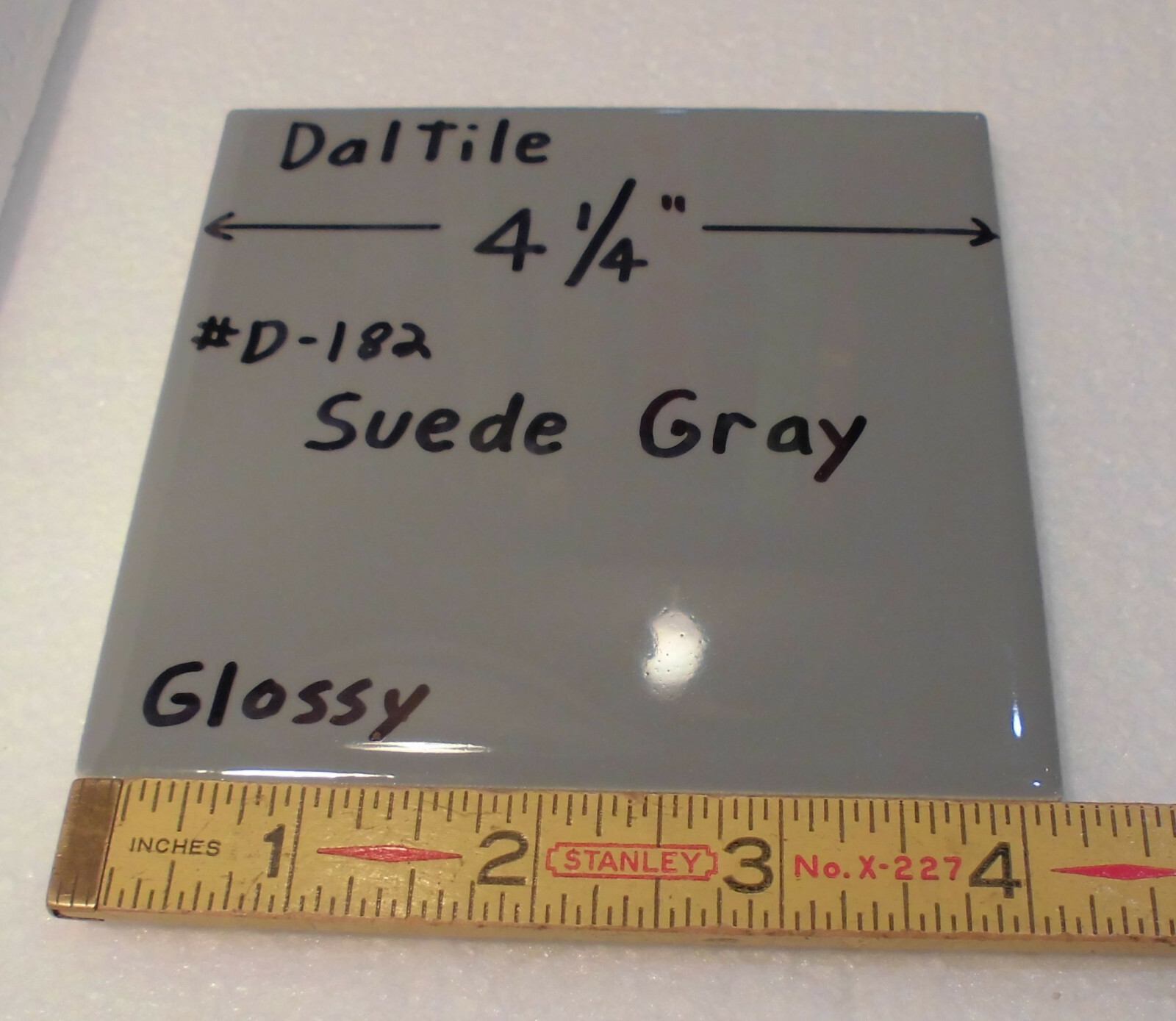 1 pc. Suede Gray; Glossy Ceramic Tile by Daltile; 4-1/4″ New Stock, darker gray