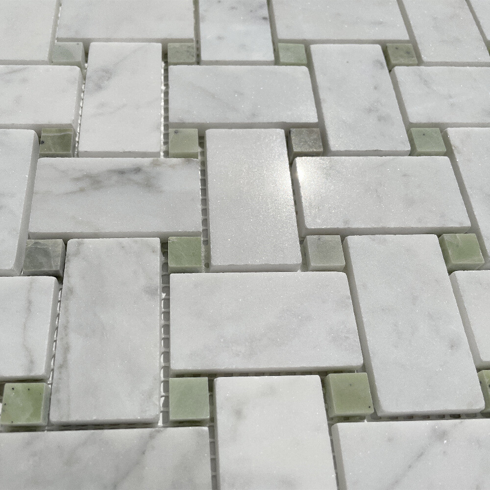 C652XP Carrara Venato Marble 1×2 Basketweave Mosaic Tile Green Dots Polished