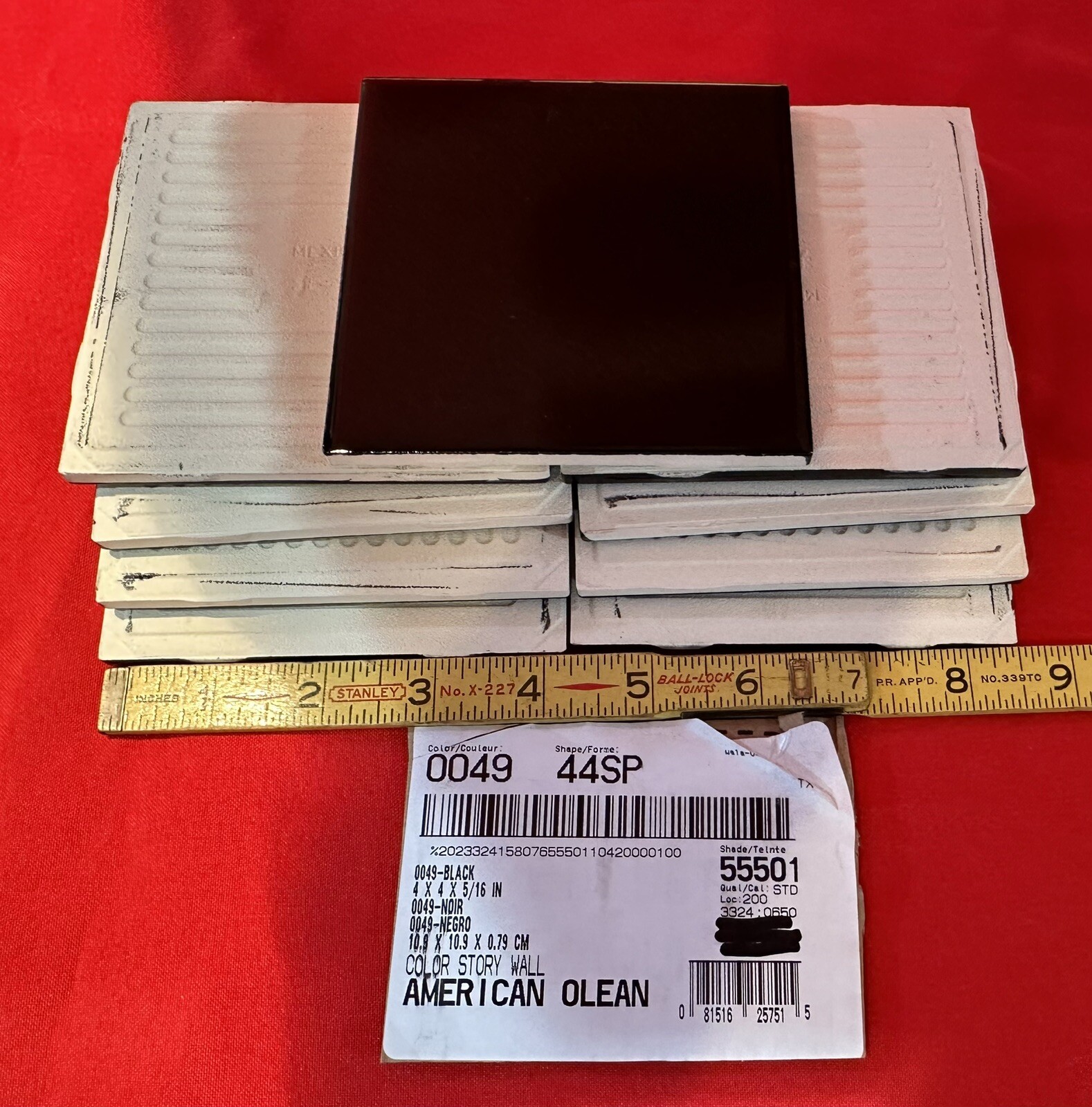 9 pcs. *Glossy Black* 4-1/4″ Ceramic Tiles by American Olean, New Stock, Mirror