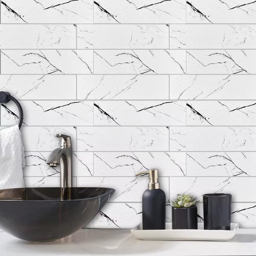 White Marbled Stone 10.83 In. X 11.81 In. SPC Peel and Stick Backsplash Tile (0.