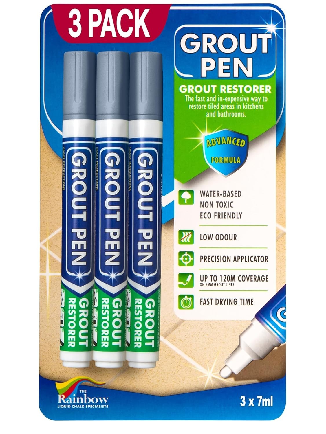 Grout Pen Grey Tile Grout Paint: Waterproof, Narrow 5mm Tip (7mL) – 3 Pack