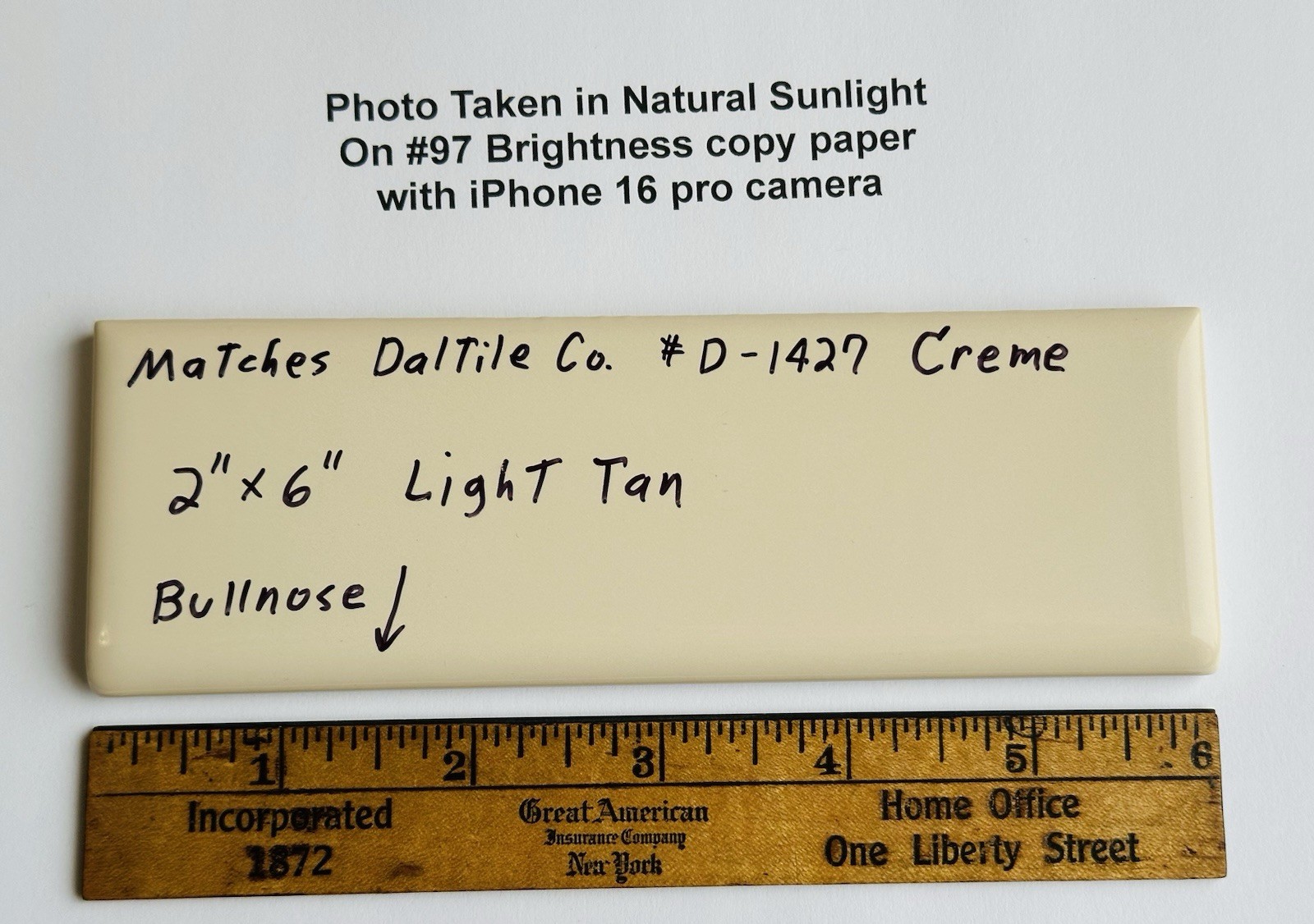 1 pc. Light Tan – Cream: 2″ X 6″ Glossy Ceramic Bullnose Tile, Daltile #D-1427