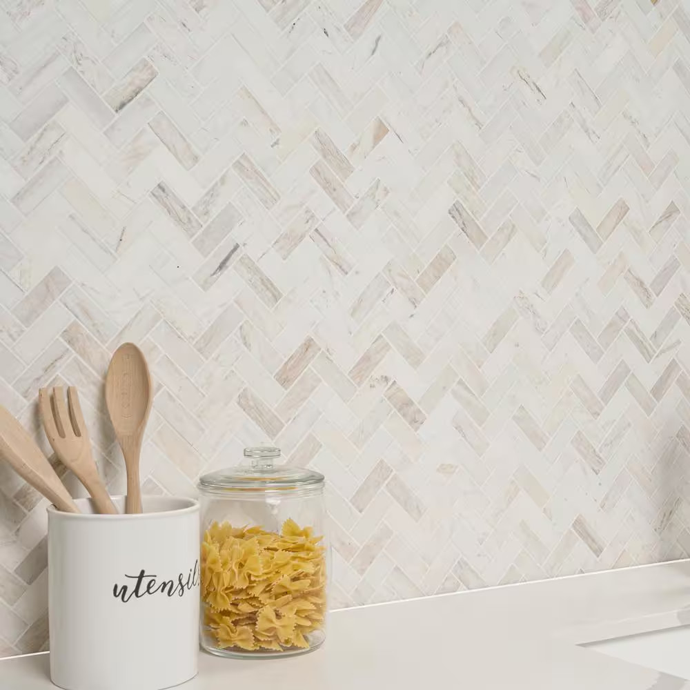 Angora Herringbone 12 In. X 14 In. X 0.38 In. Polished Marble Mesh-Mounted Mosai