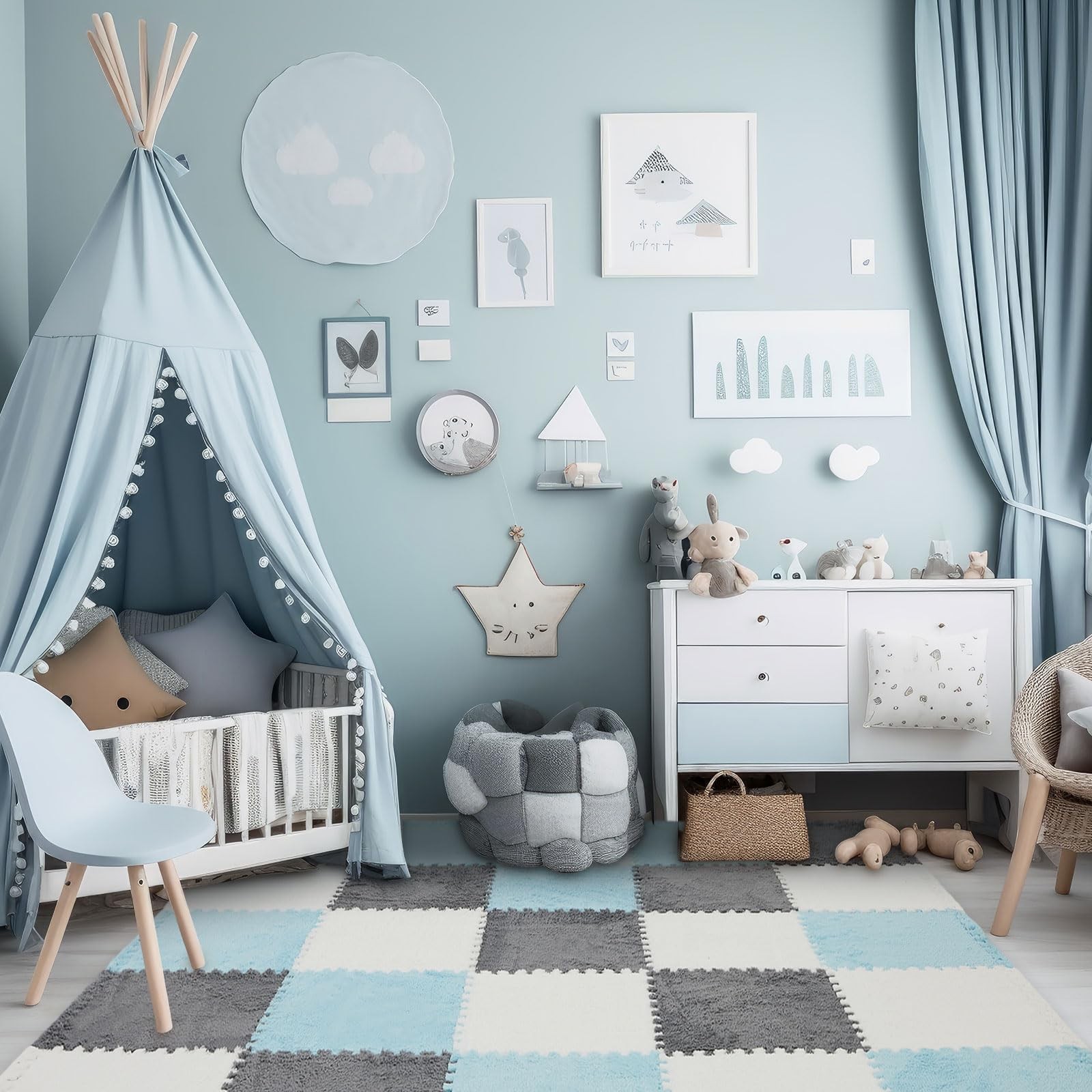 Amylove White Gray Light Blue Foam Floor Tiles 36pk