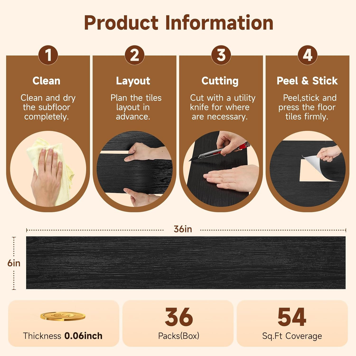 36-Pack Peel and Stick Flooring Vinyl Floor Tile (Black) | 54 Sq.Ft, Waterproof,