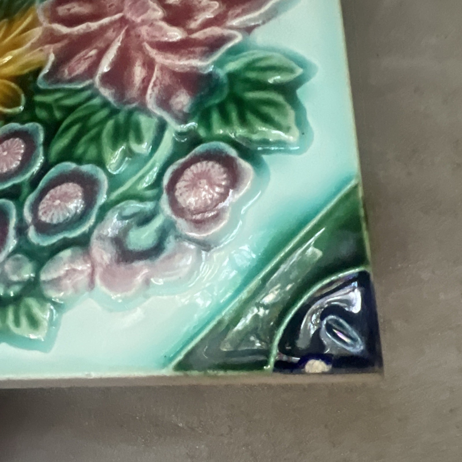 Set of 2 Antique Japanese Majolica Tiles Danto Kaisha DK Peony Chrysanthemum 6×6