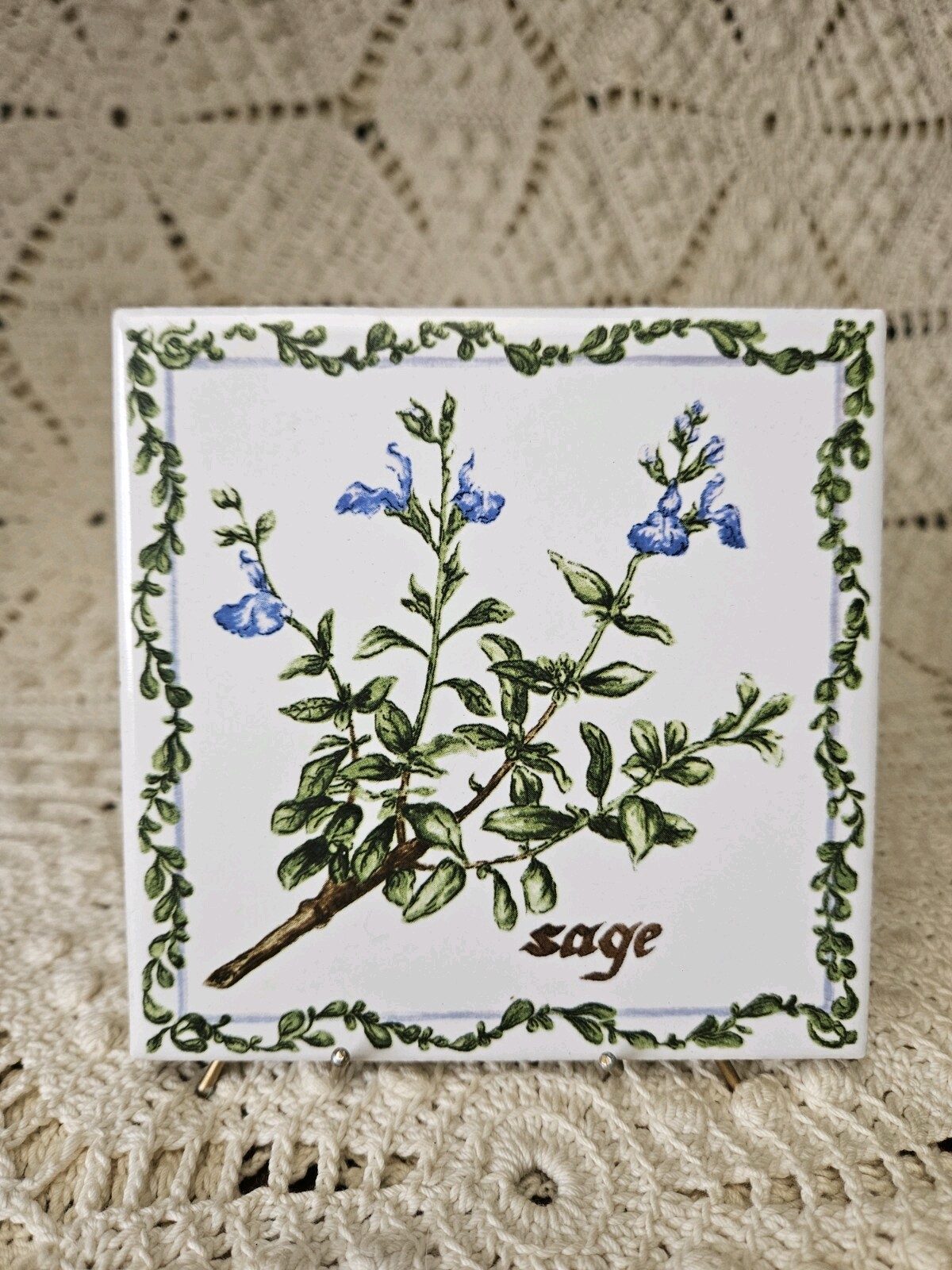 Set Of 3 JEFFREY COURT Botanical Herb Tiles Basil Sage Rosemary 4 1/4″ Made USA