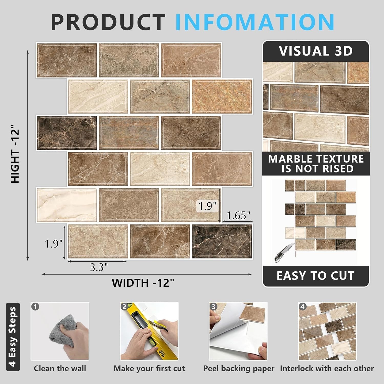 10-Sheet Peel & Stick Backsplash Tiles 12″x12″ Brown Marble for Kitchen Bathroom