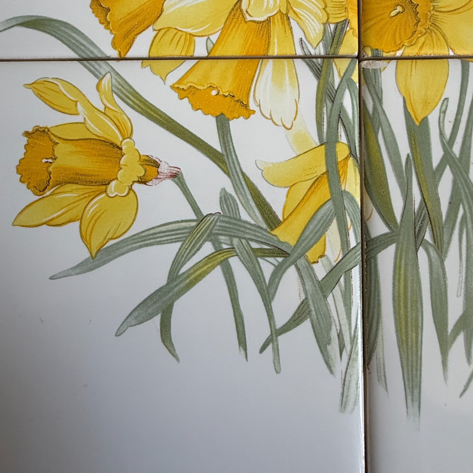Vintage Yellow Daffodils Tile Mural Set 4 on White USA Wildflower Garden