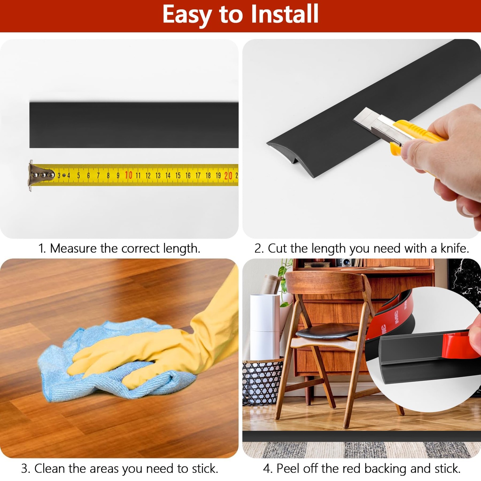 20Ft Floor Transition Strip Self Adhesive Carpet to Tile 20 Feet (5mm), Black