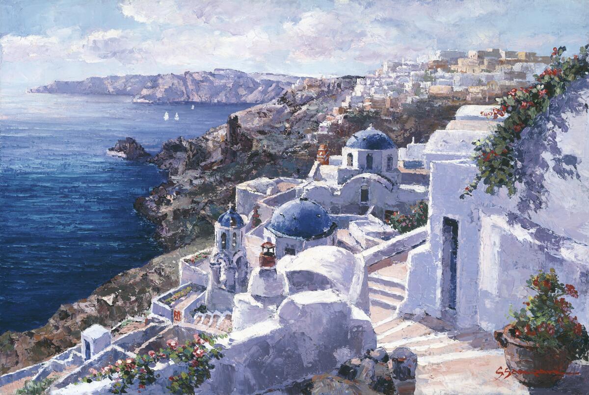 Ceramic Backsplash Tile Mural Water View Landscape – Steps of Santorini