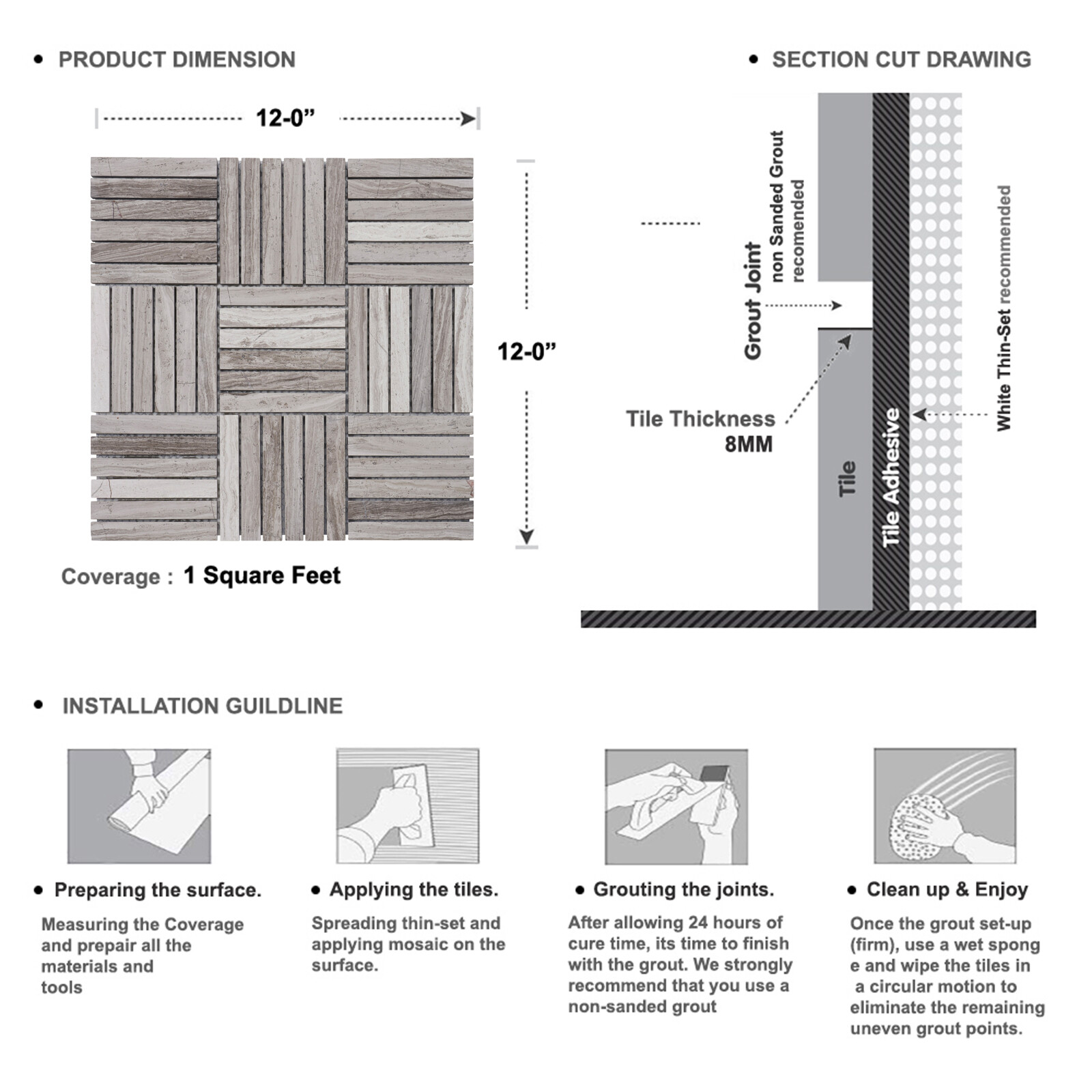 Taupe Gray White Oak Marble Stone Parquet Mosaic Tile Kitchen Wall Backsplash