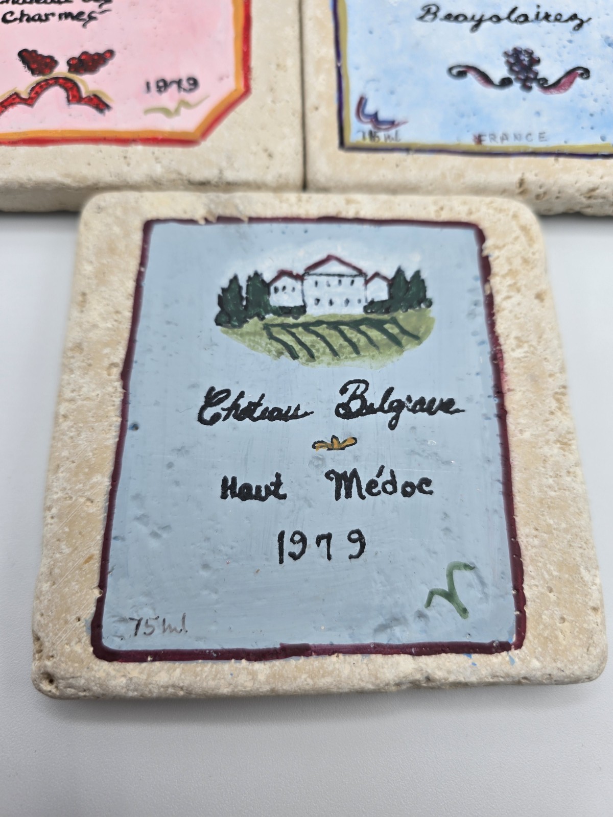 Coaster Tile Set Of 3 Wine Vino Label Hand Painted Chiaro Natural Stone Vintage