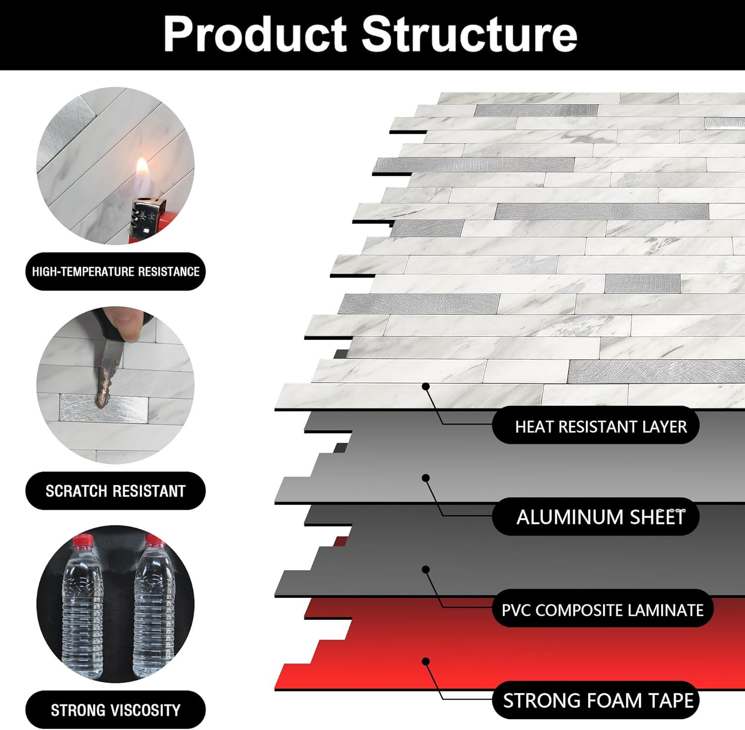 Self-Adhesive Metal Marble Subway Tiles for Kitchen Backsplash – 10 Pack