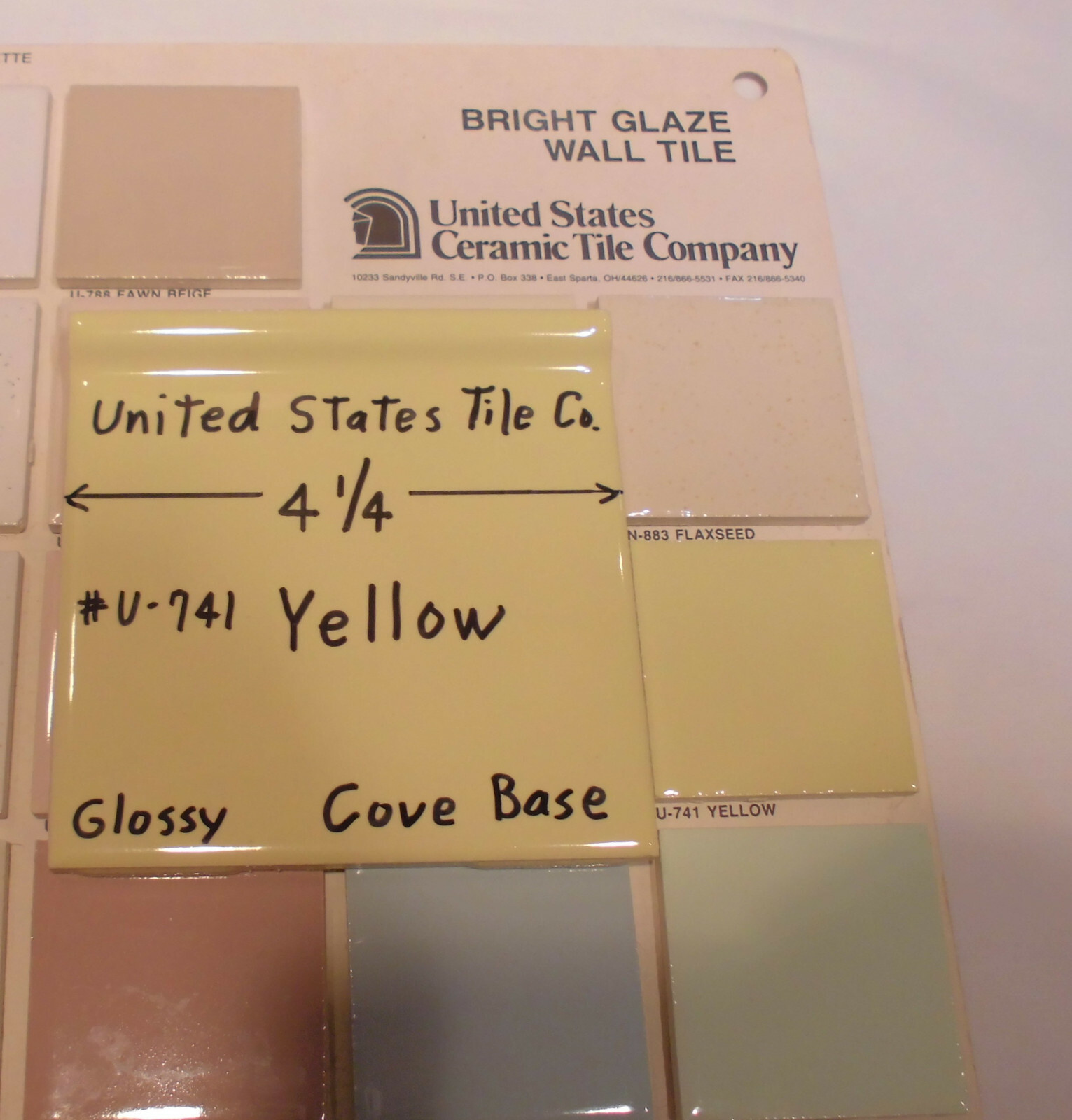 1 pc. Gloss Yellow: 4-1/4″ Cove-Base Ceramic Tile, Made in USA, New Stock, Mint