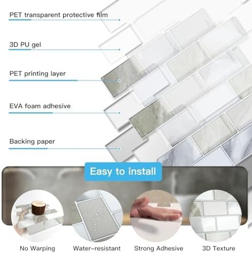 Art3d Peel and Stick Beige & White Wall Tiles – 12″x12″ Thickened Design Back…