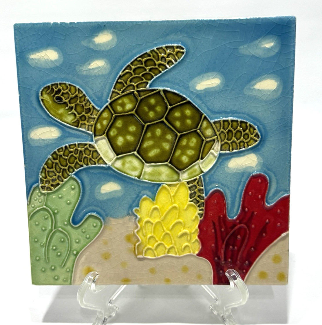 Sea Turtle Swimming in Coral Seaweed Coastal Ocean 6”x6” Square Ceramic Tile