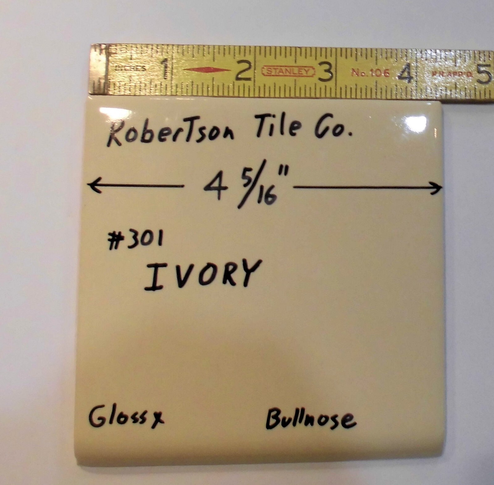 1 pc. Glossy Ceramic Bullnose Tile *Ivory* 4-5/16″ By Robertson Tile Co. New