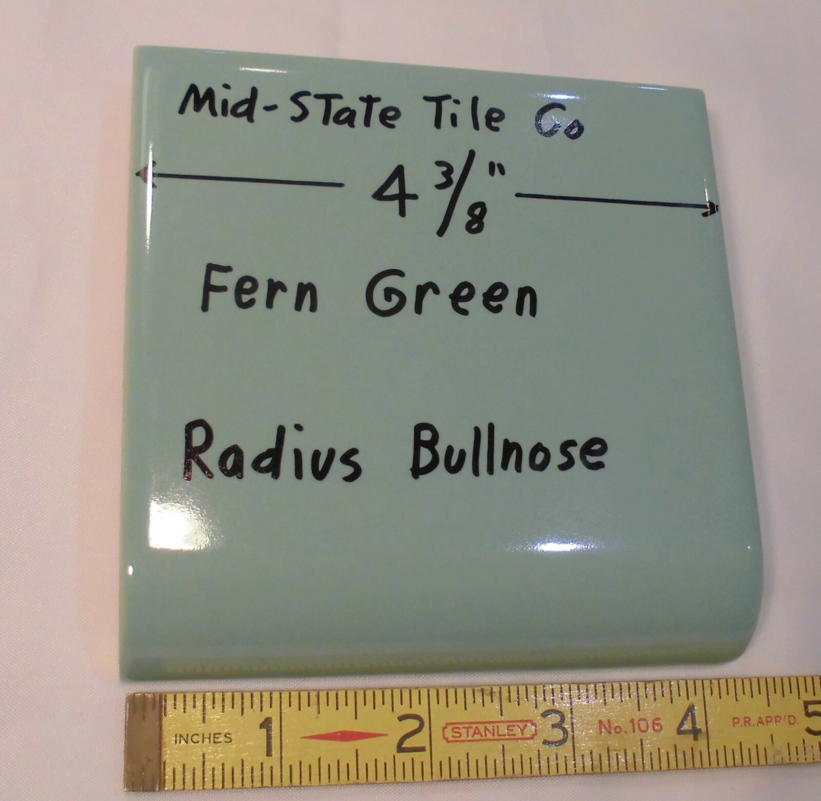 1: Fern Green Radius Bullnose Ceramic Tile 4-3/8″ by Mid-State: Glossy Mudd Cap