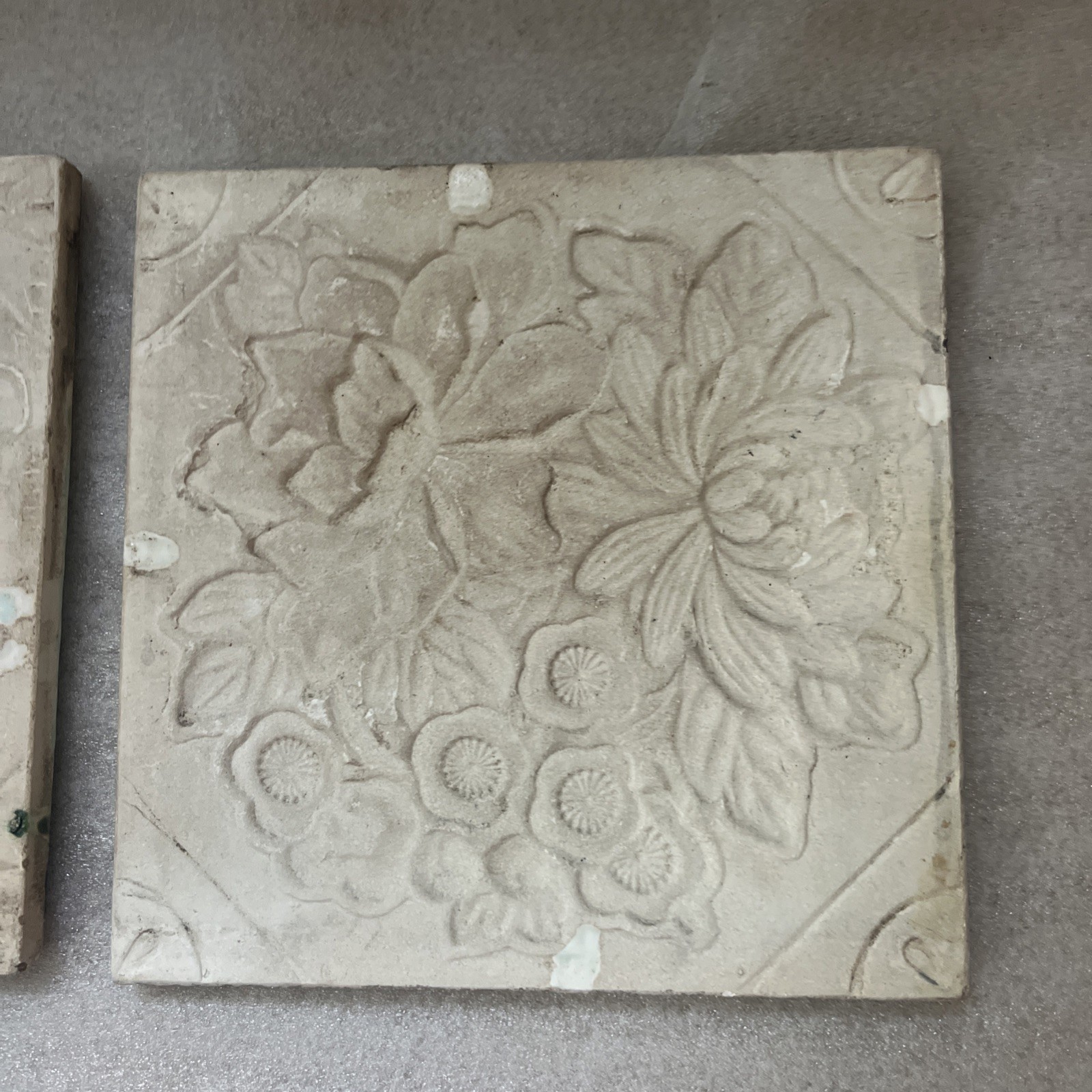Set of 2 Antique Japanese Majolica Tiles Danto Kaisha DK Peony Chrysanthemum 6×6