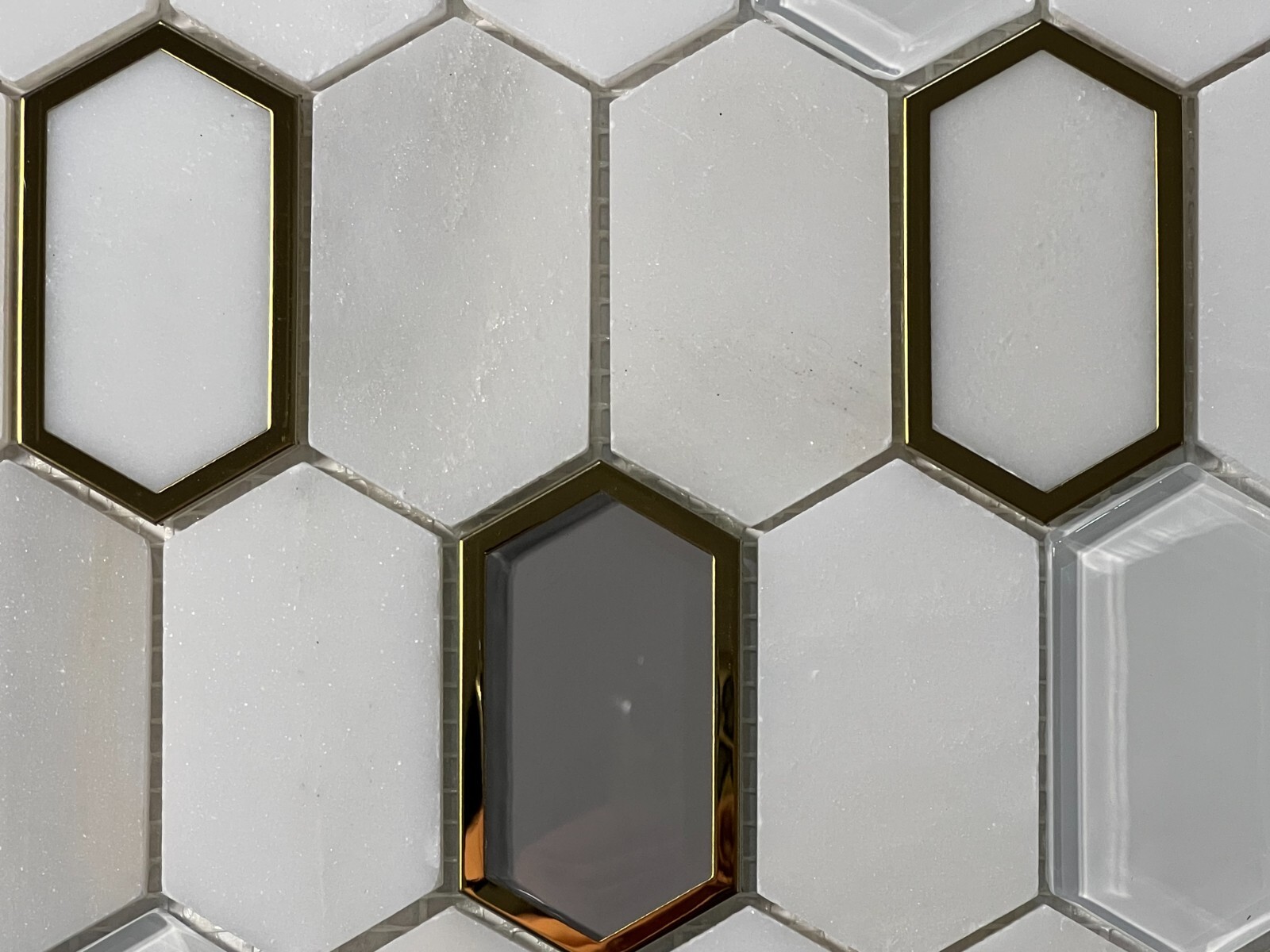 S15 White/Grey/Gold Marble Glass Hexagon Mosaic Tile Kitchen Bathroom, 7 sheets