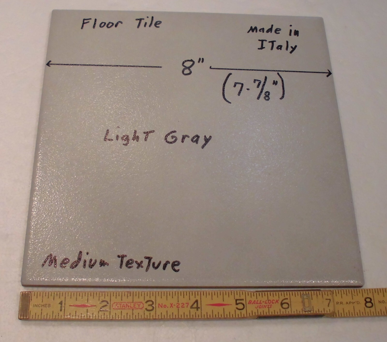 1 pc. “Light Gray” 7-7/8″ Ceramic Floor Tile: Medium Textured, Italian, flash