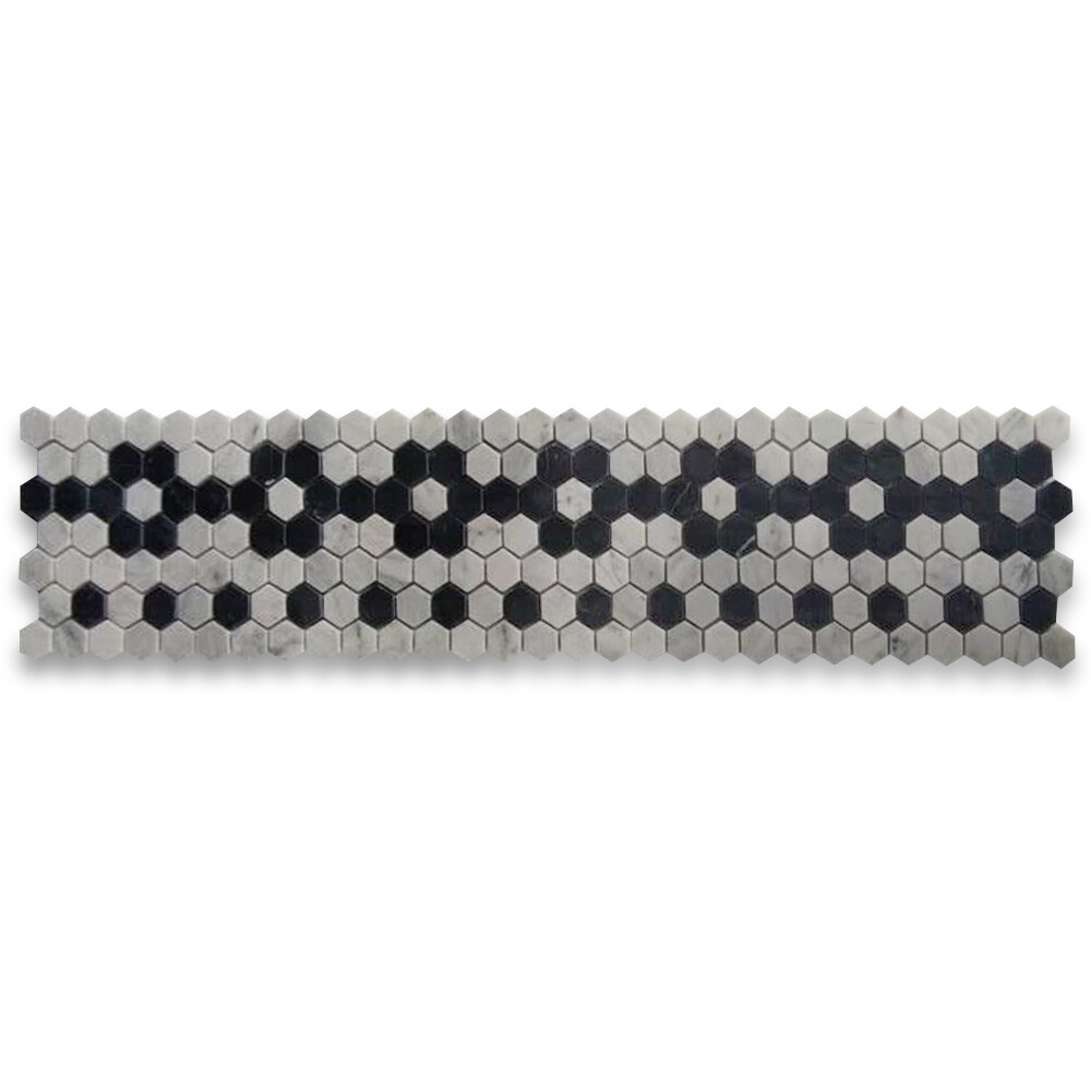 C31B2XP Carrara White Marble Hexagon Mosaic Border Flower Tile Polished 1″