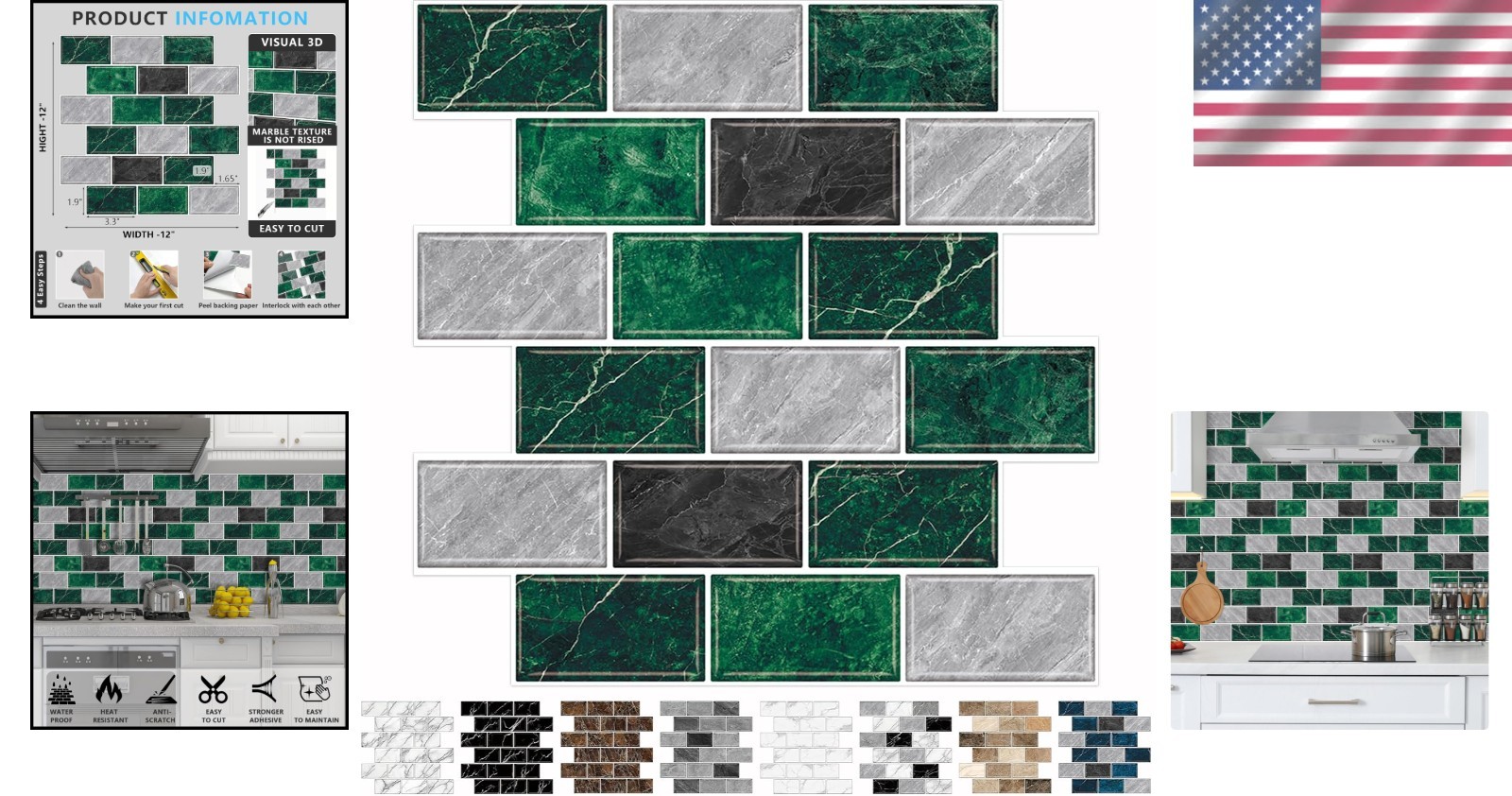 Stylish 10-Sheet Green Marble Backsplash Tiles – Easy DIY for Kitchen & Bath