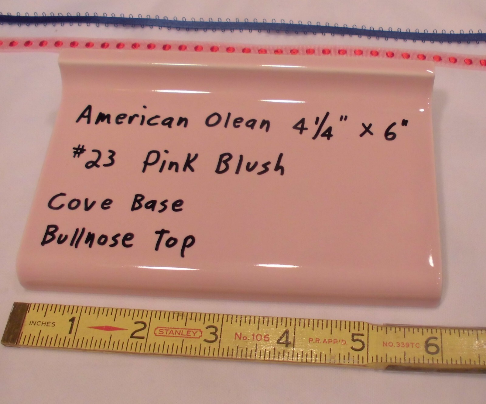 1 pc. Pink Blush #23 Bullnose Top; base/cove Ceramic Tile; 6″ American Olean