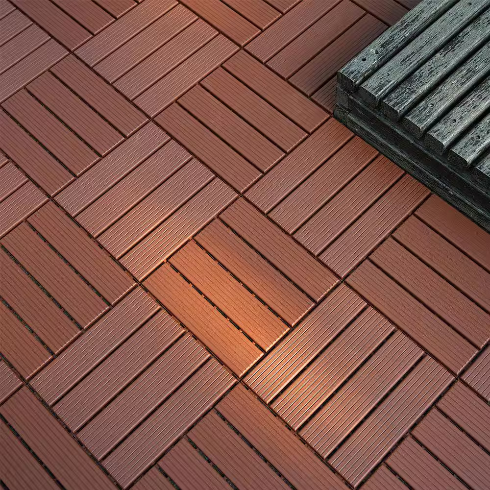 Dark Brown 1 Ft. X 1 Ft. All-Weather Plastic Outdoor Interlocking Deck Tiles Str