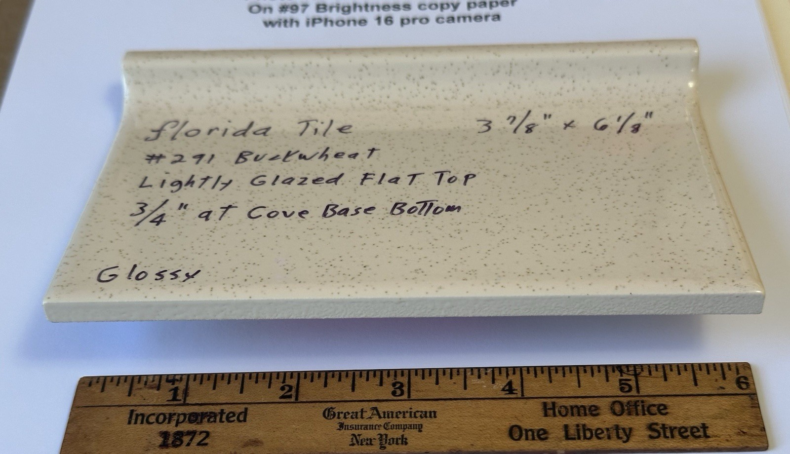 1 pc. Buckwheat 3-7/8 X 6-1/8″ Glossy Ceramic Cove Base Tile, florida, Flat Top