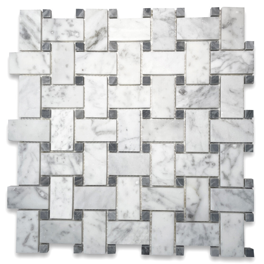 C657XH White Carrara Marble Basketweave Mosaic Tile Dark Gray Dots Honed