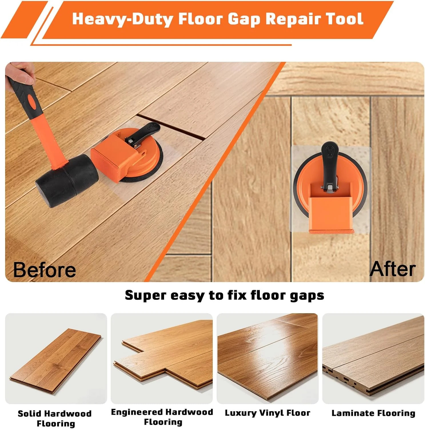 Floor Gap Fixer Tool with Mallet, Suction Cup, 3 Pads for Laminate Vinyl LVP | E